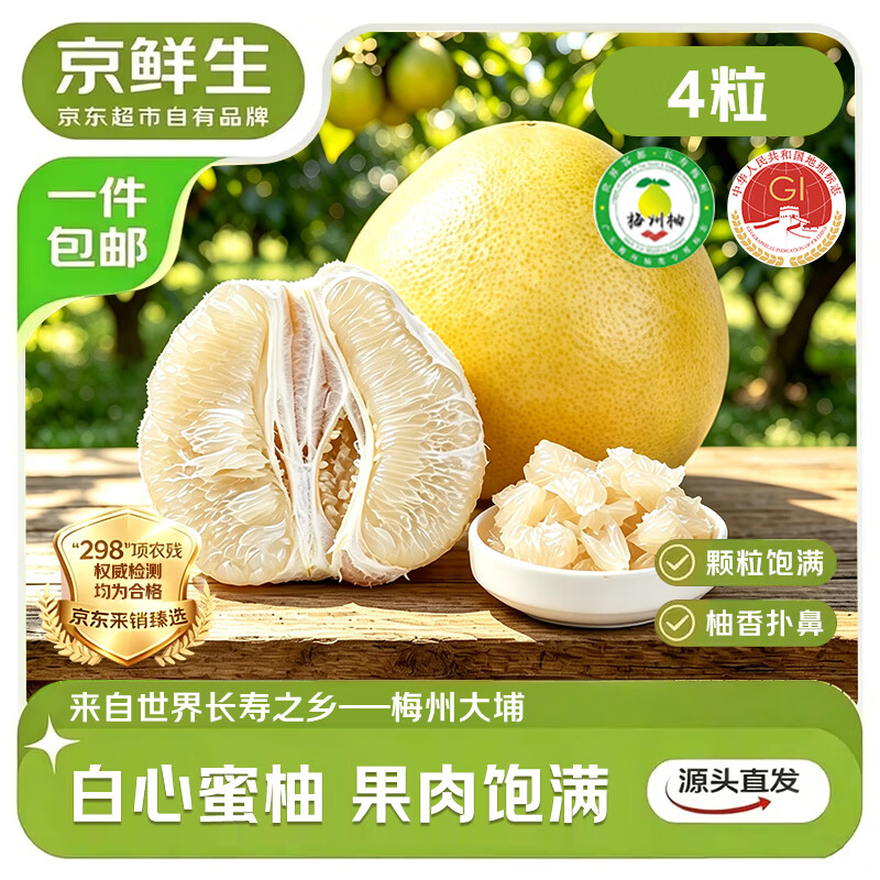 京鲜生梅州大埔白心蜜柚4粒（共8~9斤） 19.8元 - 86线报