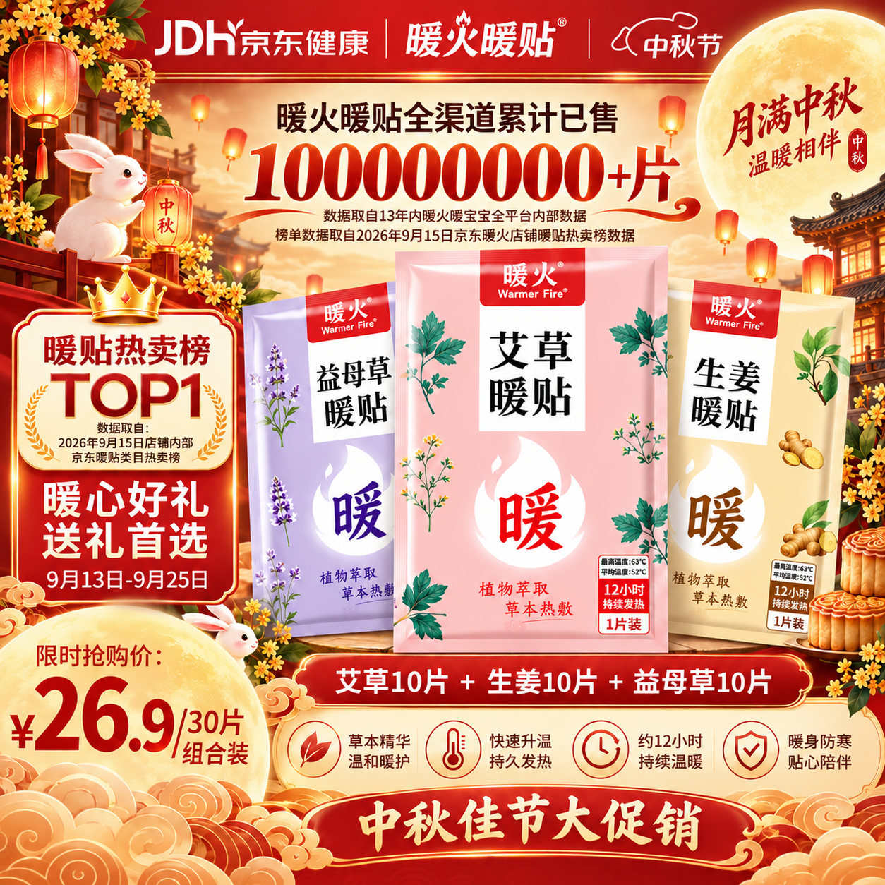 暖火暖贴暖宝宝贴艾草益母草生姜组合自发热经期暖宫暖腰持久发热30片 26.9元 - 86线报