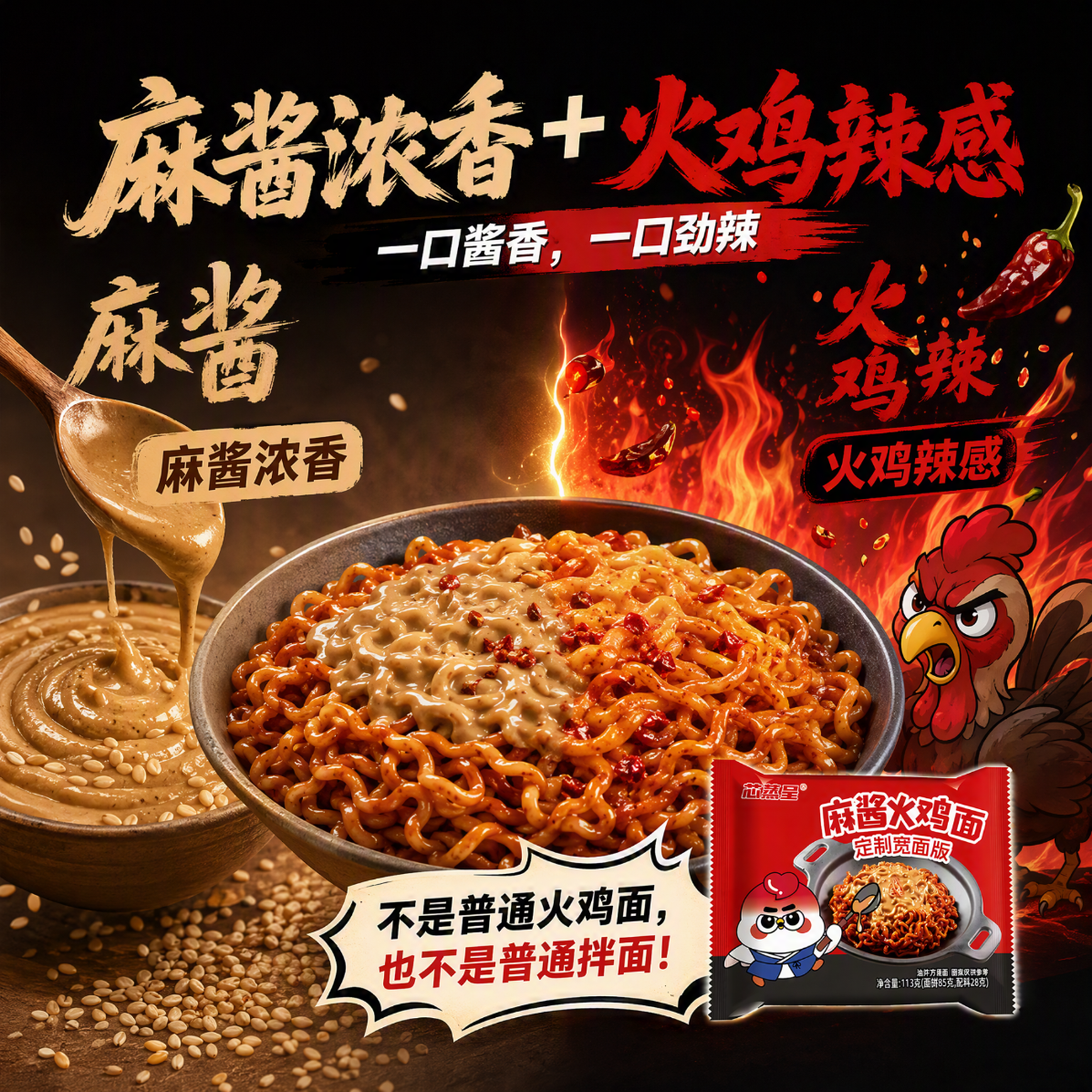 芯蒸呈火鸡面定制宽面超辣炸酱拌面泡面先生方便面Q弹速食夜宵麻酱超辣双拼113g*12包 16.9元 - 86线报