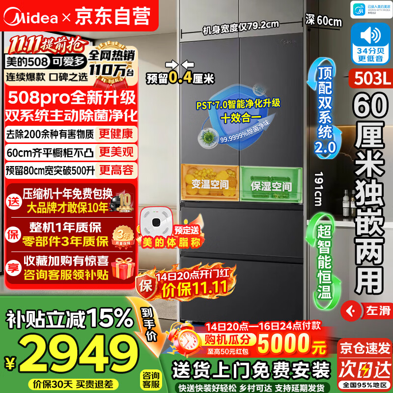 美的508Pro可爱多法式多门电冰箱 2613元 - 86线报