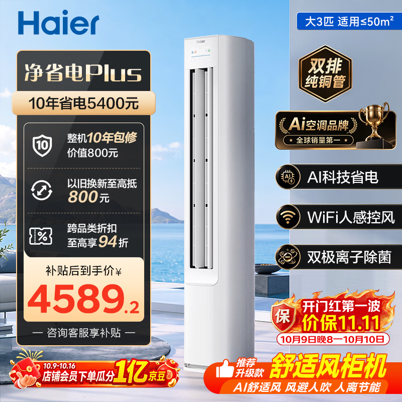 海尔3匹净省电空调柜机 KFR-72LW/E1-1Plus 4234元 - 86线报