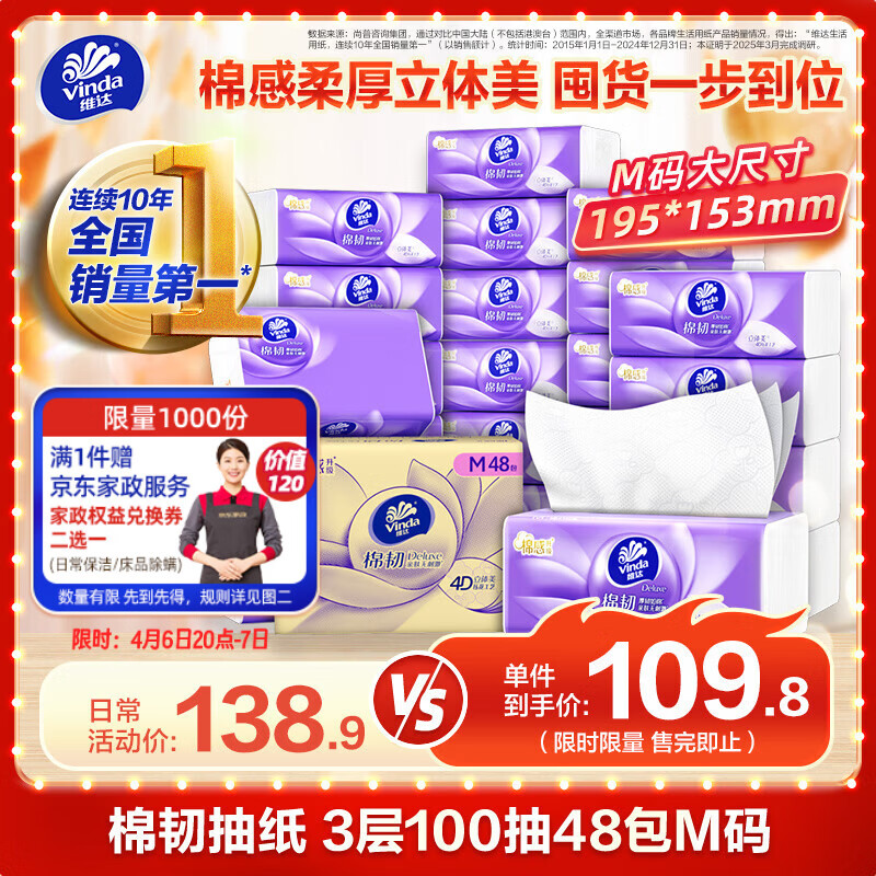 维达（Vinda）抽纸 棉韧3层100抽*48包M码 拍2件 赠2件家政 113元 - 折送网