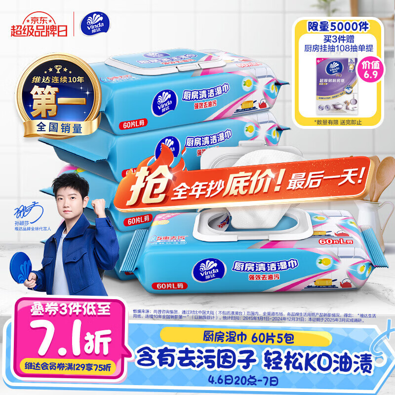 维达厨房清洁湿巾60片*5包 3件实付99.56元，plus仅91.91元 - 折送网