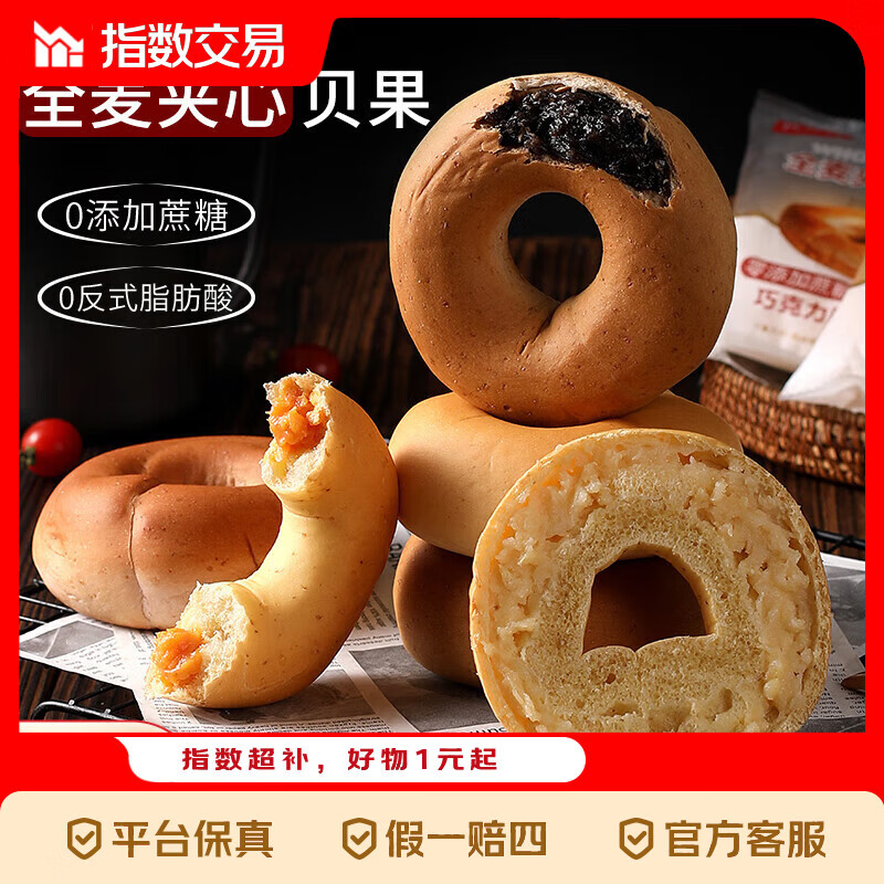京喜指数全麦贝果+欧包组合夹心减肥 贝果50g/个（巧克力+芝士+奶酪+蔓越莓+肉松）10袋 - 线报酷