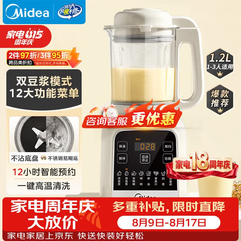 美的1.2升轻音破壁机 142元，苏泊尔3升智能煲1-100台 120元 - 86线报