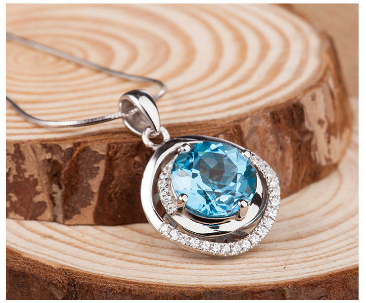 东海水晶 天然托帕石吊坠 925银镶嵌项链 时尚简约 礼物女款 婚礼佩戴