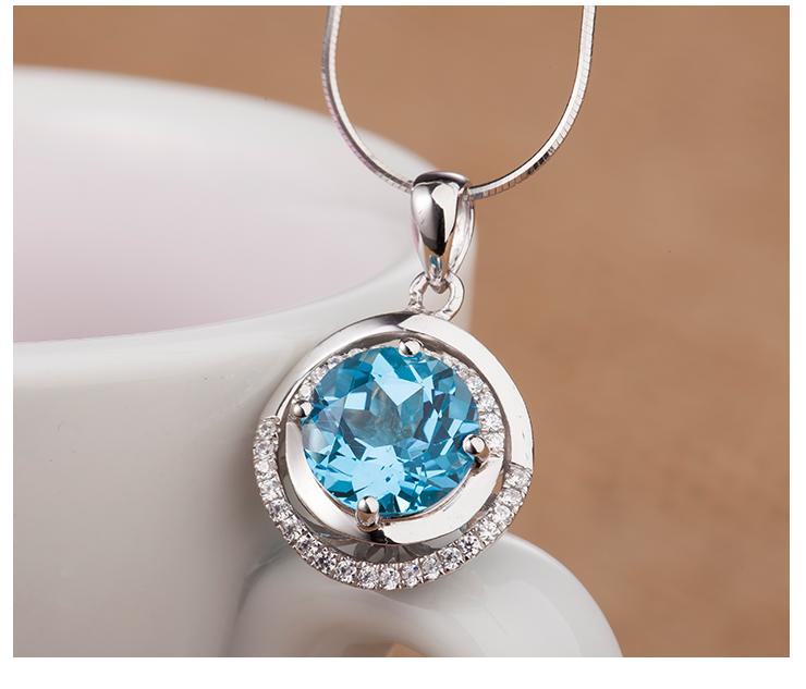 东海水晶 天然托帕石吊坠 925银镶嵌项链 时尚简约 礼物女款 婚礼佩戴