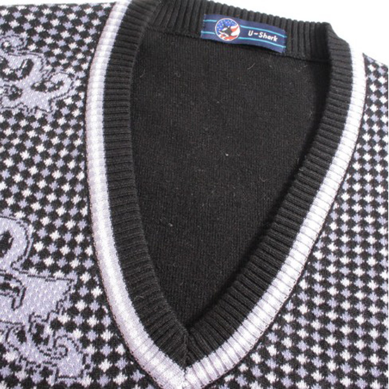 u-shark优鲨时尚v领菱格款羊毛背心 紫领 紫白花纹