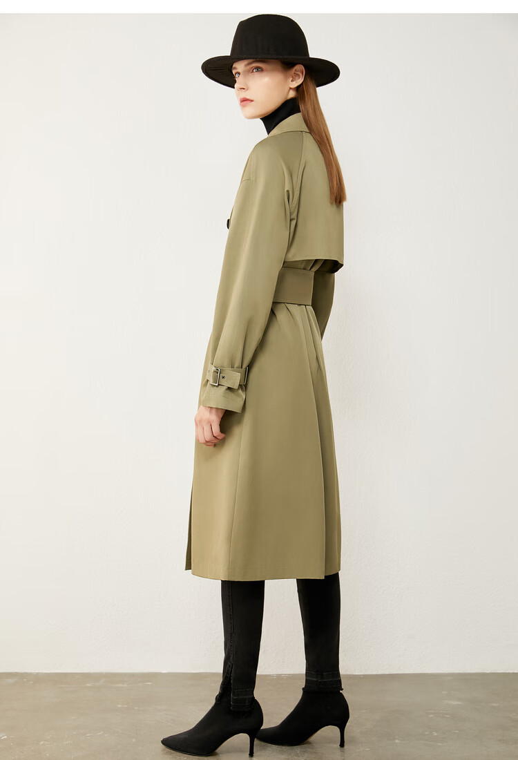 amii极简时尚复古双排扣配腰带风衣秋季新款宽松上衣外套女橄榄色