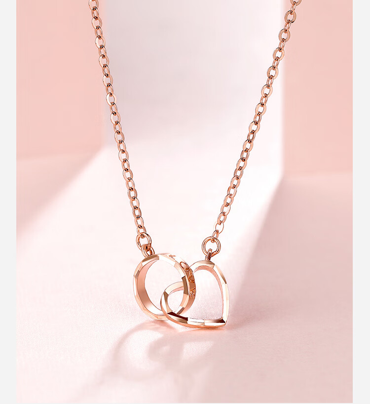 【周六福18k金链坠】周六福珠宝 红18k金项链女款 时尚玫瑰金心形双环