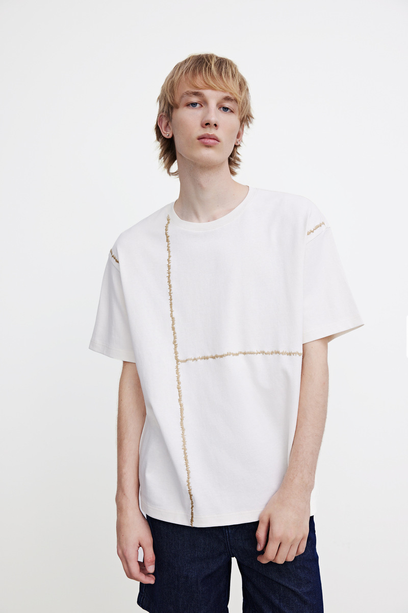 ur2021春夏新品男装潮流休闲线绣圆领薄款宽松t恤ml18r4me2002 正黑