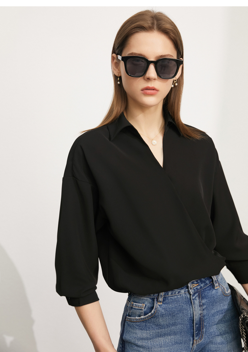 amii极简知性通勤衬衫女2021夏新款翻领v领纯色套头显瘦上衣黑色下装