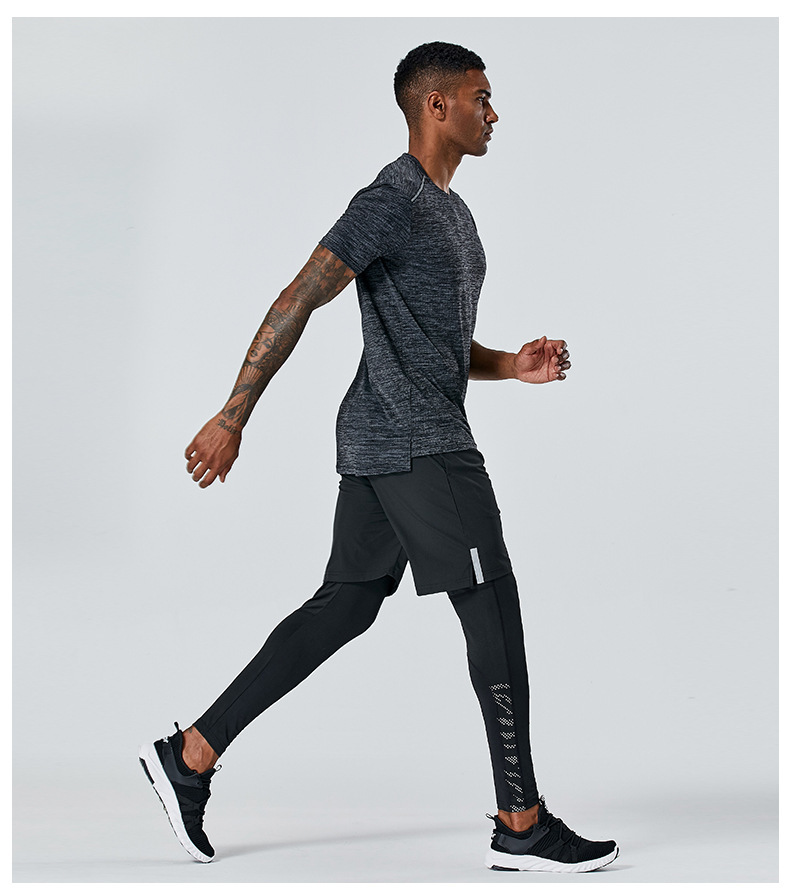 紧身内衬运动裤 男士假两件弹力透气健身跑步训练休闲篮球足球长裤 c