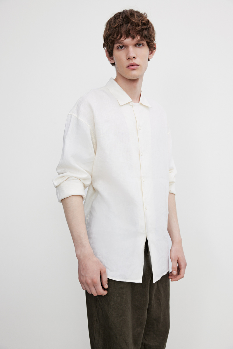 ur2021秋季新品男装休闲翻领亚麻透气宽松开襟衬衫ml29s2be2005裸杏色