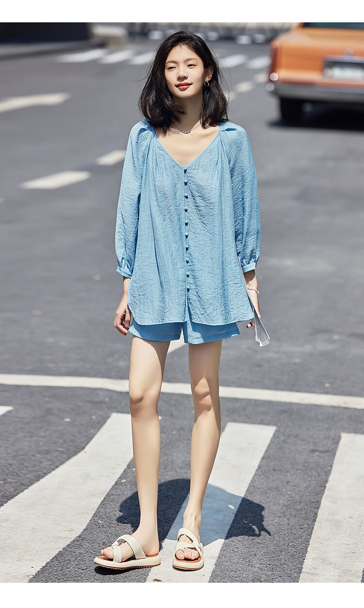 Dme [Cool Two-Piece Set], Summer V-Neck Mid-Sleeve Shirt Top And Shorts Set for Wome 12