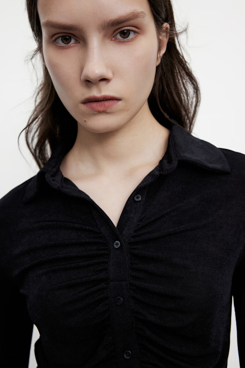 ur2021新品秋季女装欧美褶皱翻领排扣紧身薄长袖t恤wg34r4mn2000 正黑