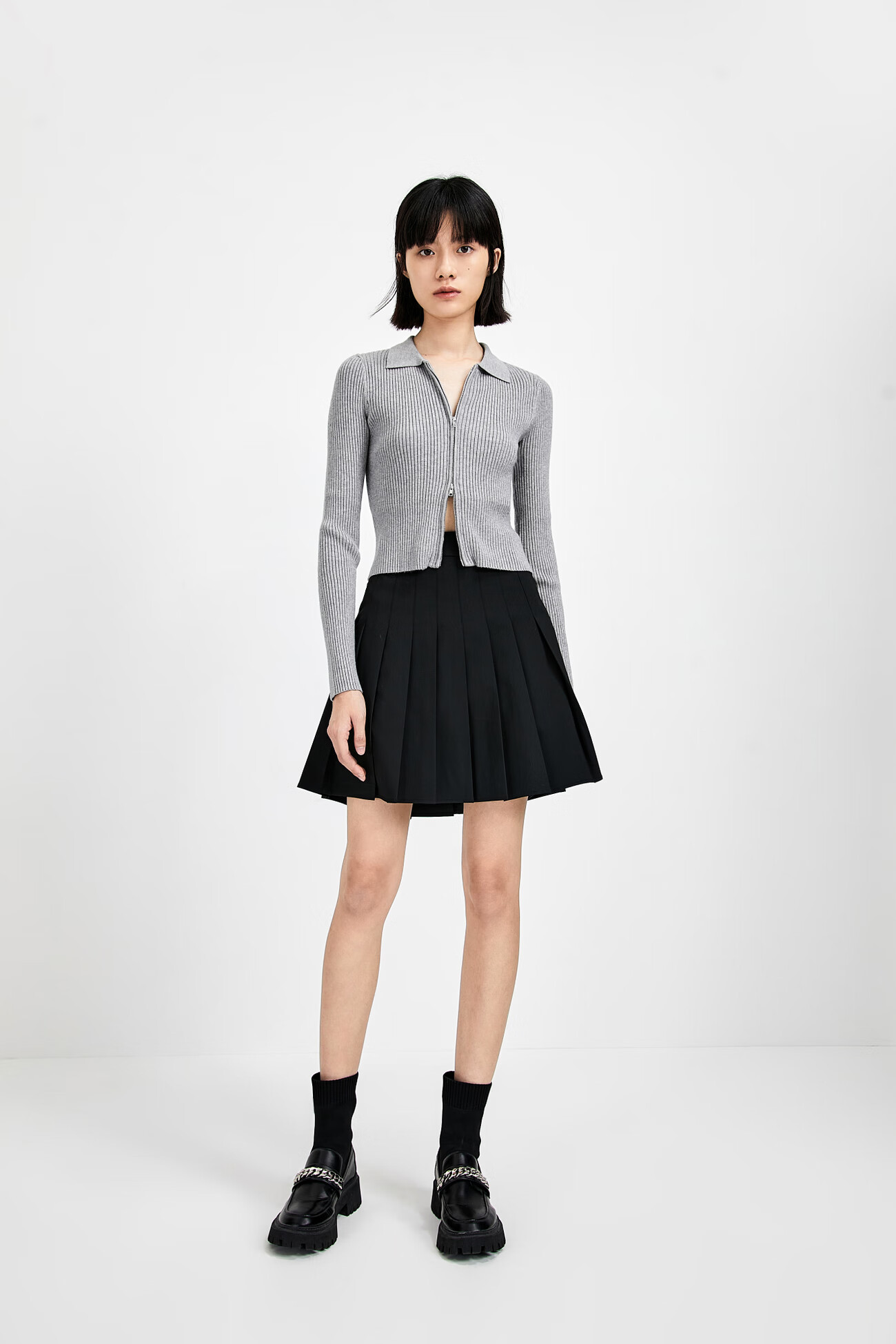 ur2021秋冬新品女装潮流翻领双头拉链紧身针织外套wv43r9dn2000花灰m