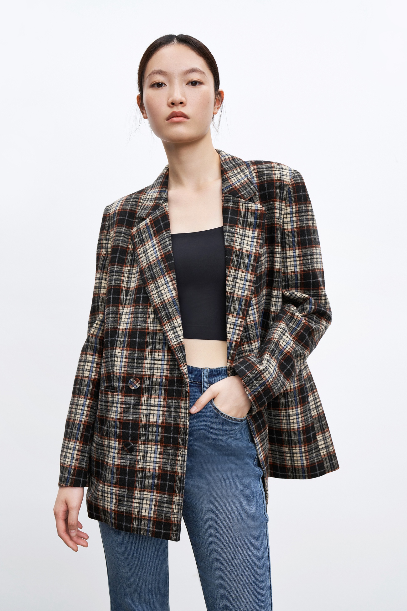 ur2021秋冬新品女装复古格纹古着简约休闲西装外套wl44r1cn2000 棕色