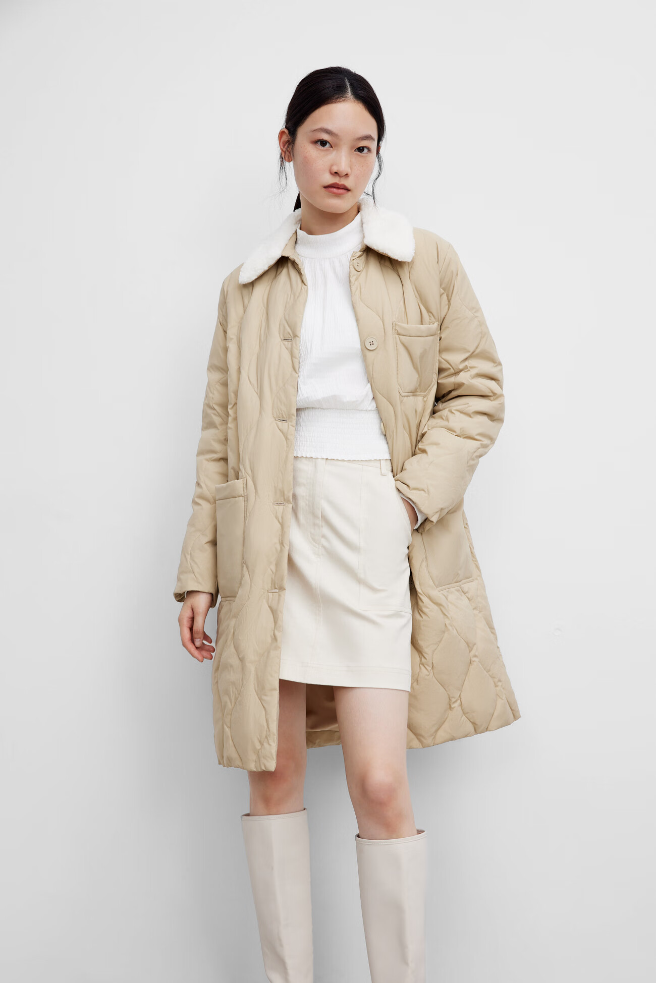 ur2021冬季新品女装仿羊羔毛领宽松中长款羽绒服wl42r1kn2000 卡其 s