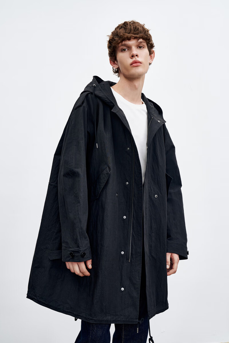 ur2021秋季新品男装韩系休闲简约帽领抽绳宽松风衣ml38s1dn2003 正黑