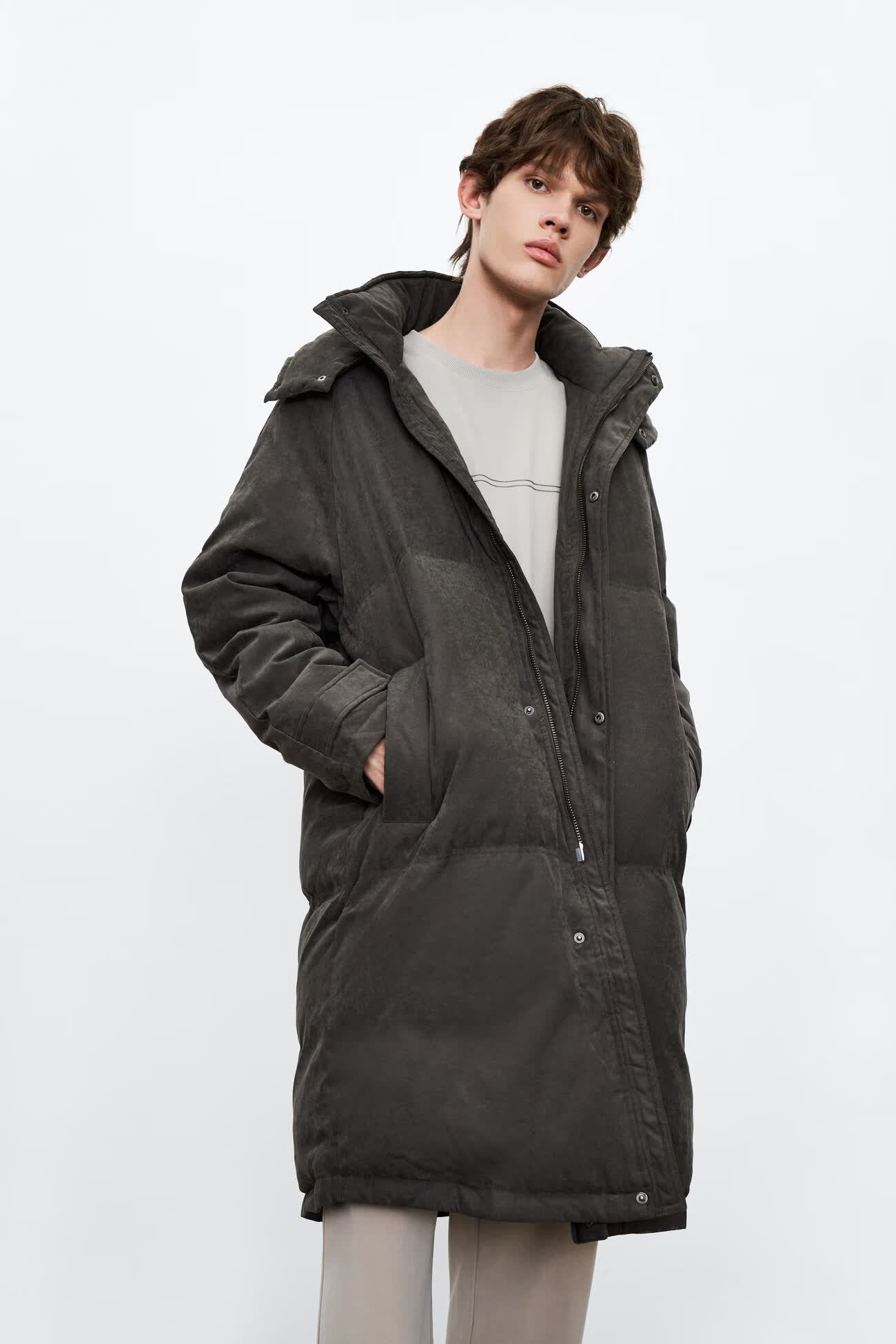 ur2021冬季新品男装时尚连帽中长款保暖羽绒服ml41r1kn2000浅灰l