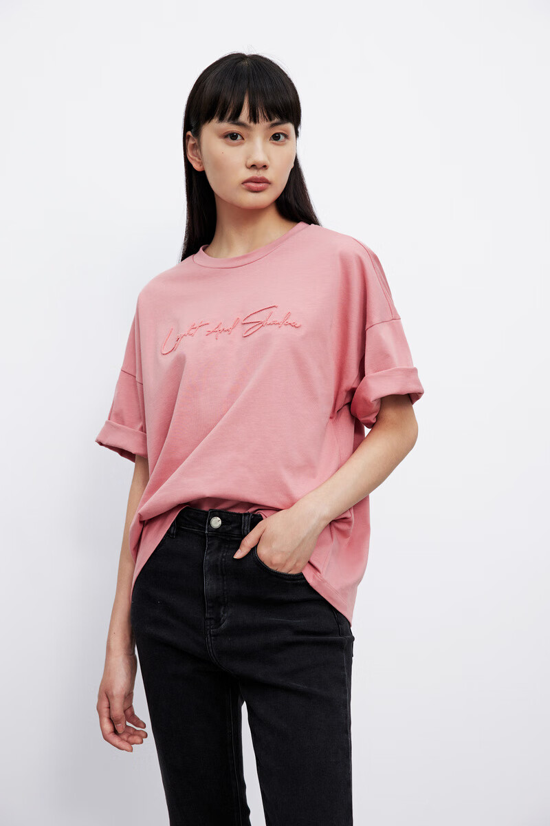 ur春夏新品女装潮流时尚字母标语圆领短袖t恤wu35r4mn2000虾粉色xl