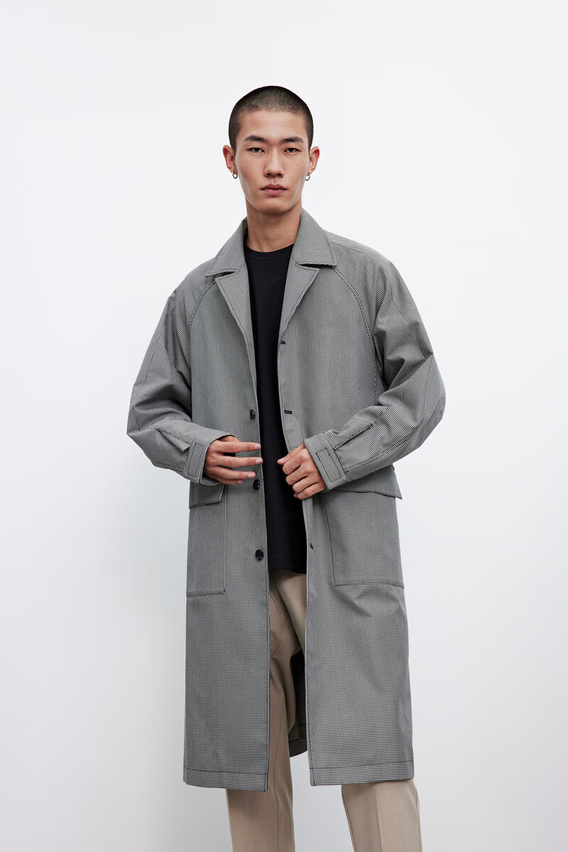 ur2021新品秋季男装潮流时尚格子宽松长袖风衣外套mf33s1dt2000 黑色