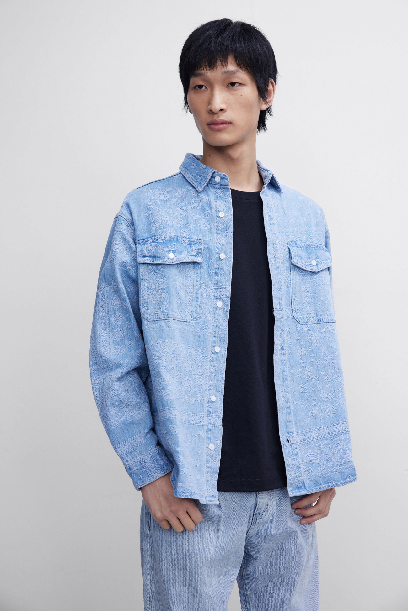 ur2022春季新品男装复古休闲风腰果花提花牛仔衬衫ml09sbmn2003灰蓝s