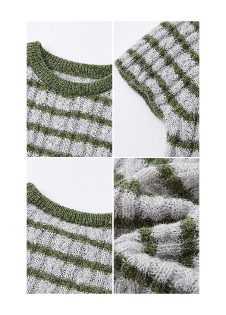 MT [Sen Ye Xian Zong] Spring Vintage Wool Blend Colorblock Striped Soft Short Sleeve Knit Top for Women 12