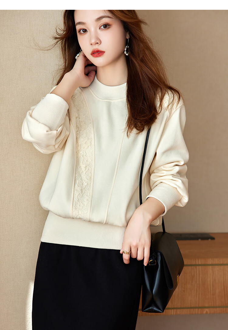 MT Lace Splice Spring Urban Casual Round Neck Pullover Long Sleeve Sweatshirt for Women 8