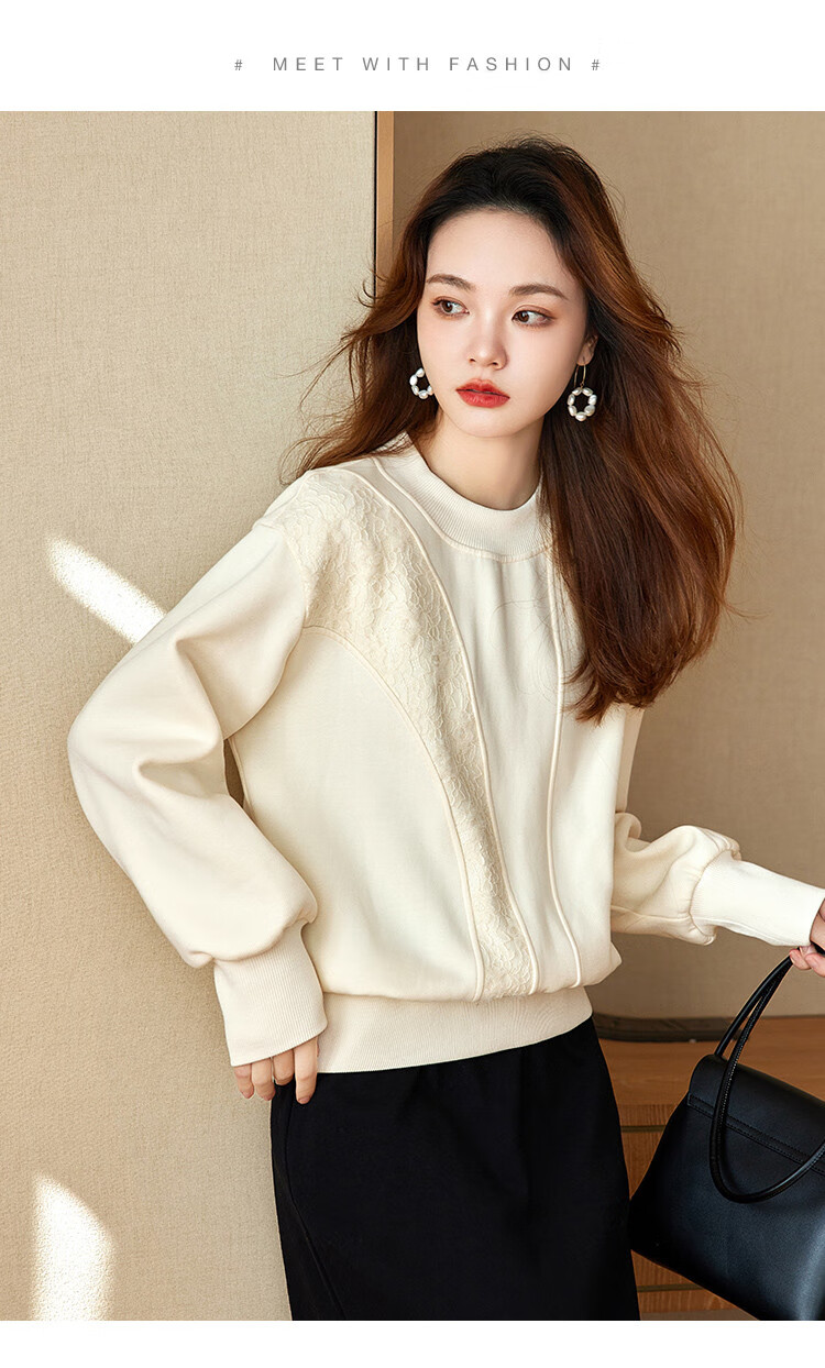 MT Lace Splice Spring Urban Casual Round Neck Pullover Long Sleeve Sweatshirt for Women 1