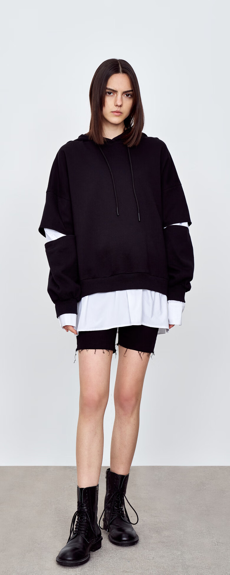 ur2021春夏hot女装休闲帽领假两件宽松棉质t恤卫衣yv06s4oe2000 正黑