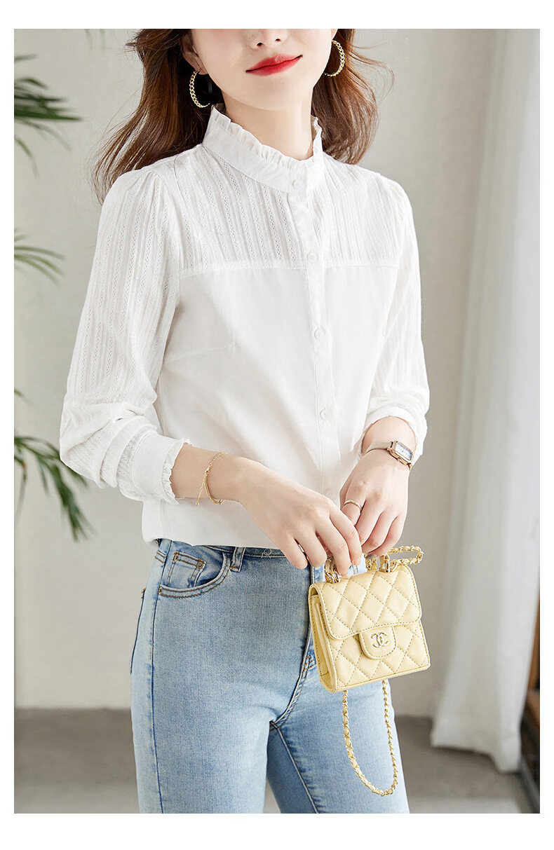 AOTUN Women's Long Sleeve Cotton Slim Fit Shirt with Wood Ear Collar KFG2237 White XL 6