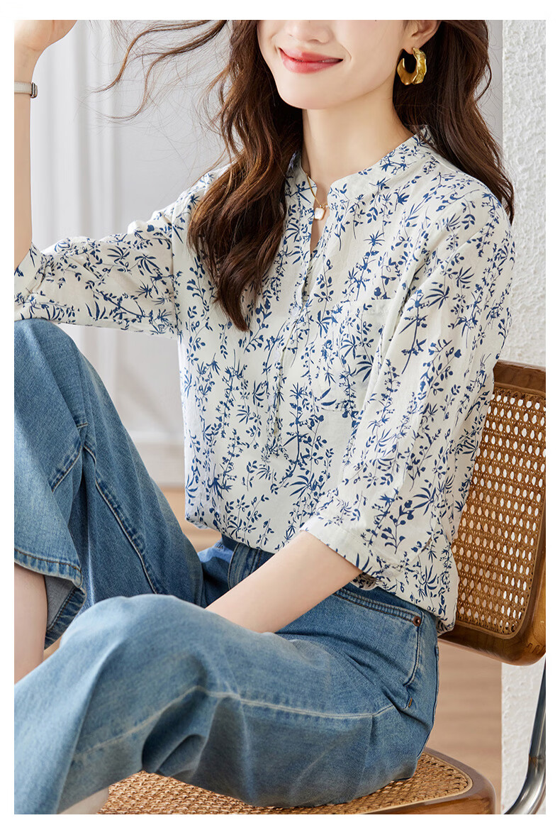 AOTUN Blue and White Porcelain Small Floral Print Women's Spring 3/4 Sleeve Cotton Shirt 35026 Blue and White Porcelain L 11