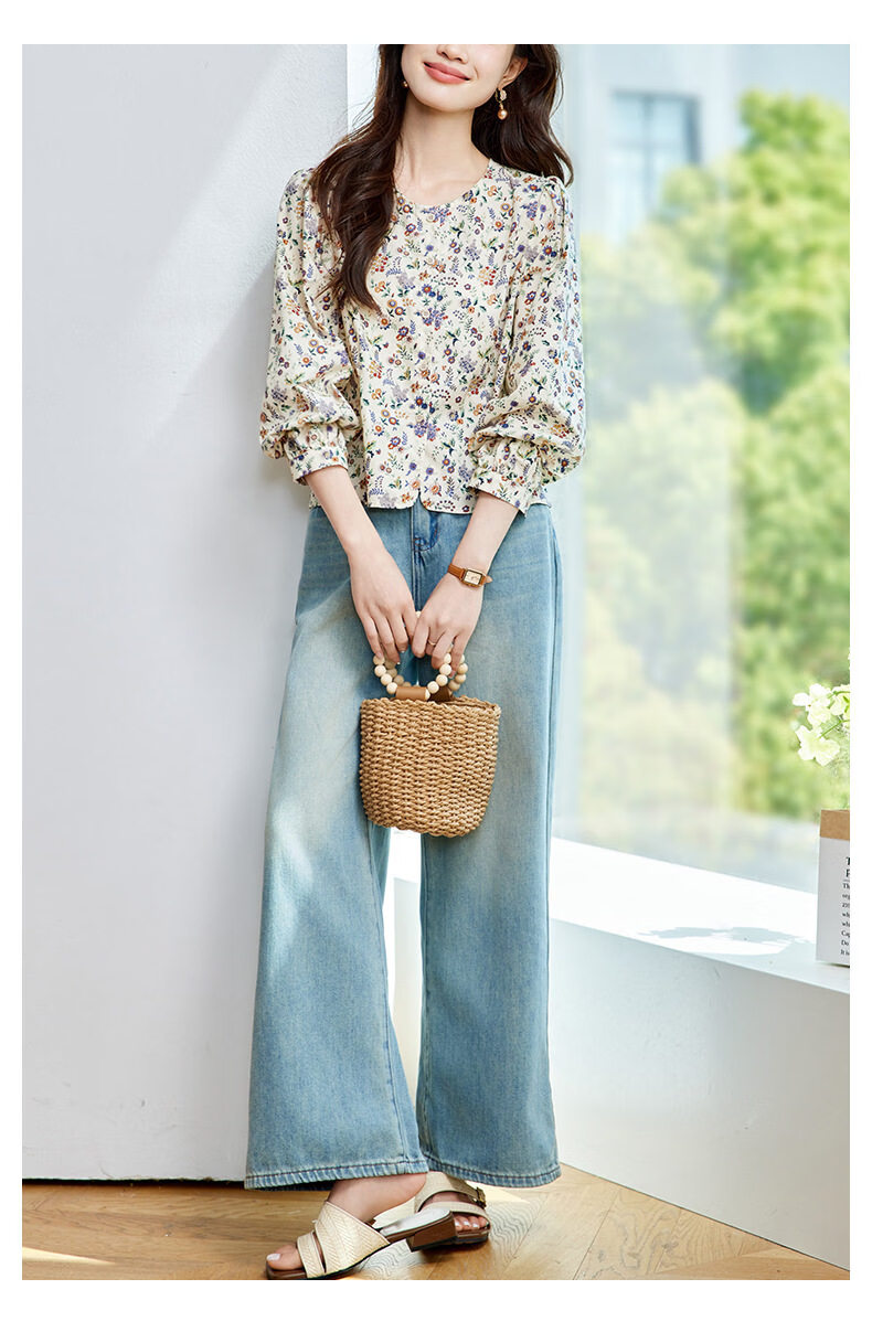 AOTUN Women's Long Sleeve Floral Shirt 2026 Spring Loose Casual Round Neck Blouse 47026 Image Color 2XL 10