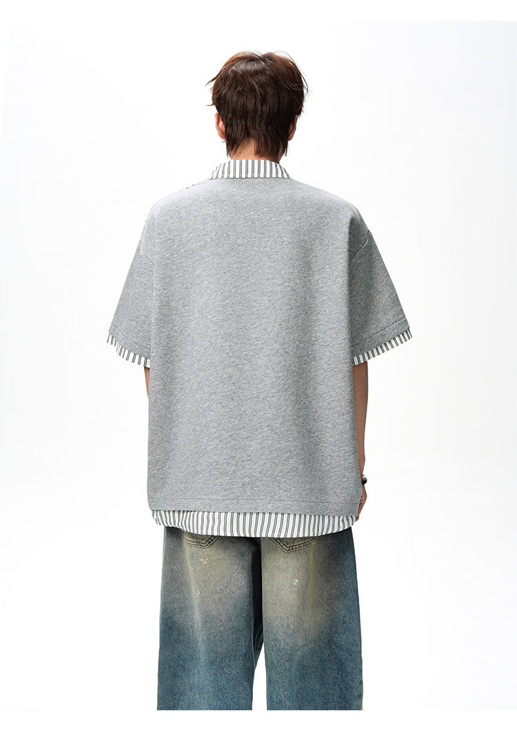 Foss Phil Men's Summer Loose Fit Short Sleeve Polo Shirt Fake Two-Piece Shirt Collar T-Shirt DT6238 Light Gray 3XL 10