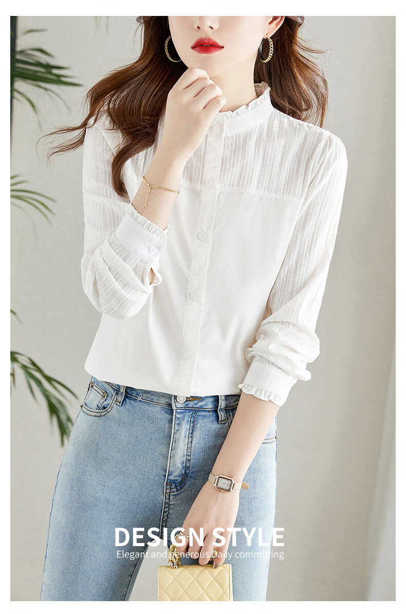 AOTUN Women's Long Sleeve Cotton Slim Fit Shirt with Wood Ear Collar KFG2237 White XL 8