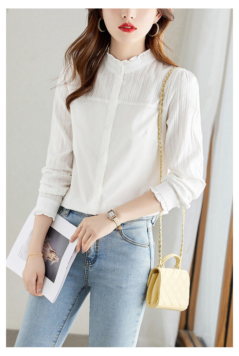 AOTUN Women's Long Sleeve Cotton Slim Fit Shirt with Wood Ear Collar KFG2237 White XL 10