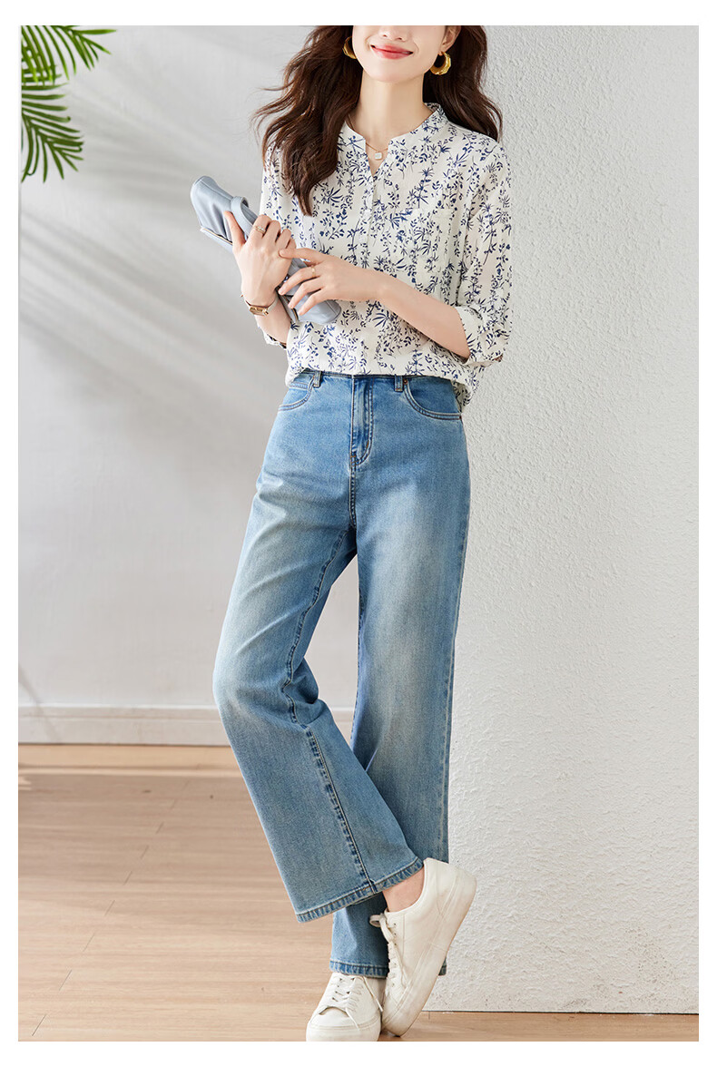 AOTUN Blue and White Porcelain Small Floral Print Women's Spring 3/4 Sleeve Cotton Shirt 35026 Blue and White Porcelain L 8