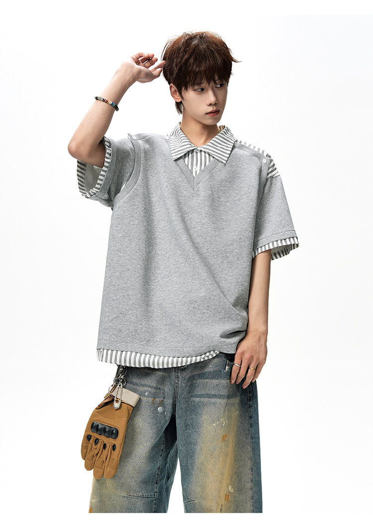 Foss Phil Men's Summer Loose Fit Short Sleeve Polo Shirt Fake Two-Piece Shirt Collar T-Shirt DT6238 Light Gray 3XL 5