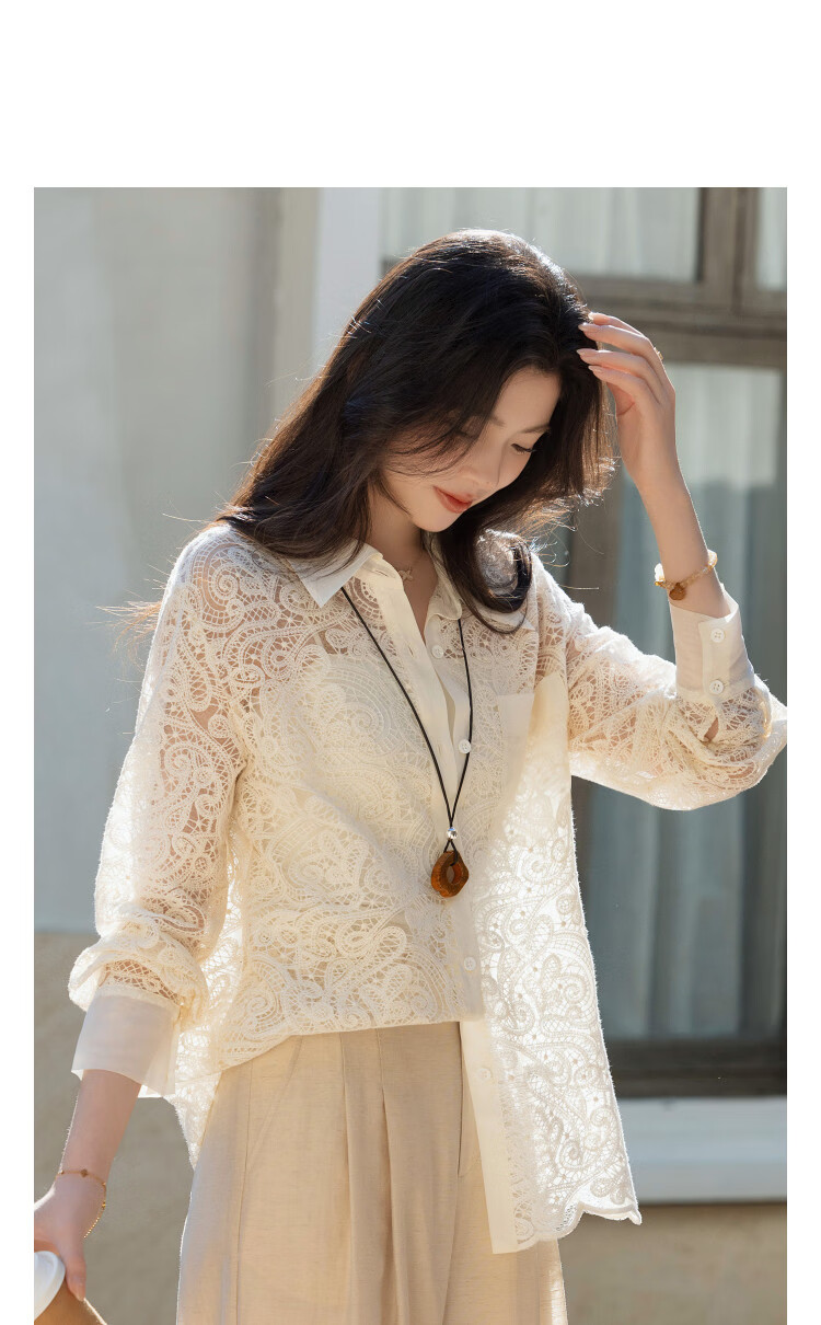 Demana [Cloud Oxygen Cotton Blend] Spring Elegant Lace Hollow Splicing Lapel Loose Petite Women's Shirt 11