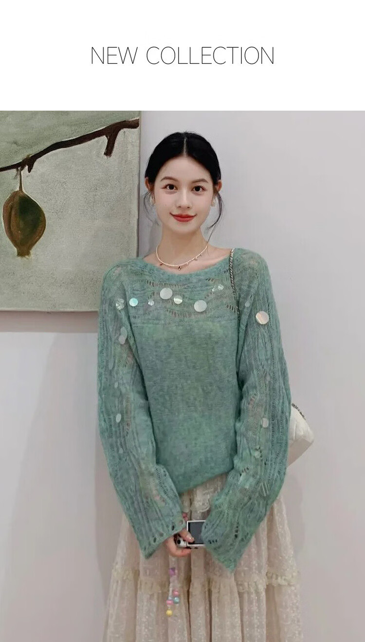 MT Spring Elegant Sequin Hollow Knit Sweater with Wool Blend for Women 1