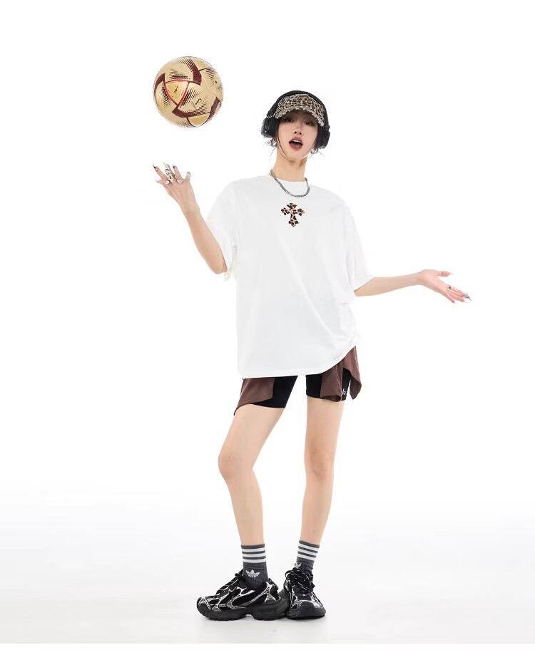 ICH MODE Leopard Print Cross Vintage Short Sleeve T-Shirt Women 2026 New Summer Round Neck Loose Sports Top Black S 11