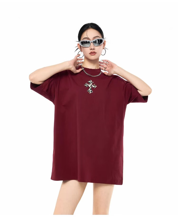 ICH MODE Leopard Print Cross Vintage Short Sleeve T-Shirt Women 2026 New Summer Round Neck Loose Sports Top Black S 14