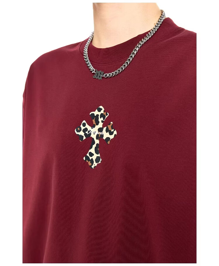 ICH MODE Leopard Print Cross Vintage Short Sleeve T-Shirt Women 2026 New Summer Round Neck Loose Sports Top Black S 16