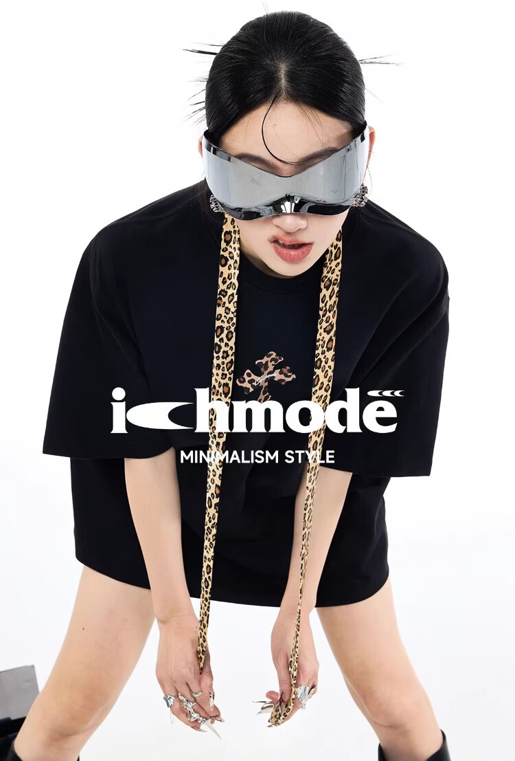 ICH MODE Leopard Print Cross Vintage Short Sleeve T-Shirt Women 2026 New Summer Round Neck Loose Sports Top Black S 1