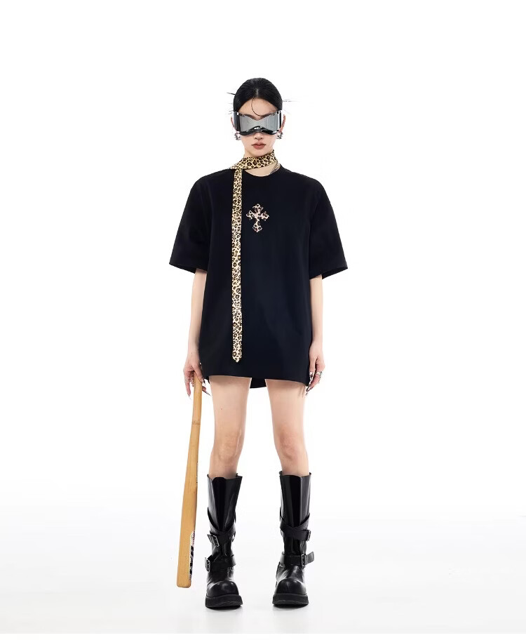 ICH MODE Leopard Print Cross Vintage Short Sleeve T-Shirt Women 2026 New Summer Round Neck Loose Sports Top Black S 8