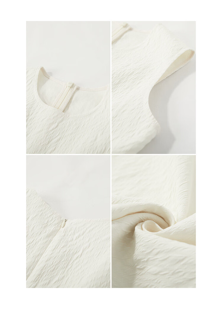 Mt "First Love White Moonlight" Summer French Luxury Textured Round Neck Sleeveless Waist-Cinched A-Line White Dress for Women 14