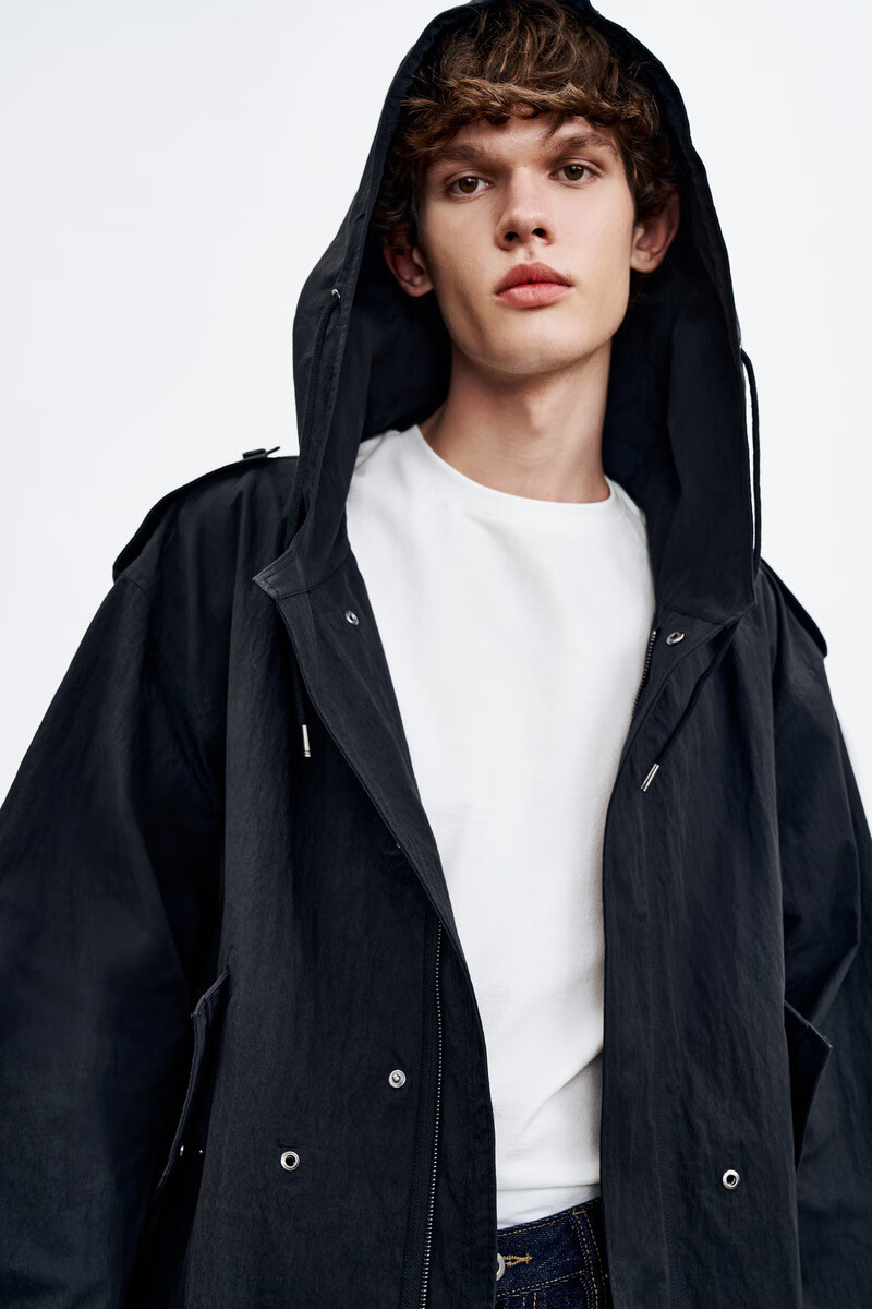 ur2021秋季新品男装韩系休闲简约帽领抽绳宽松风衣ml38s1dn2003 正黑