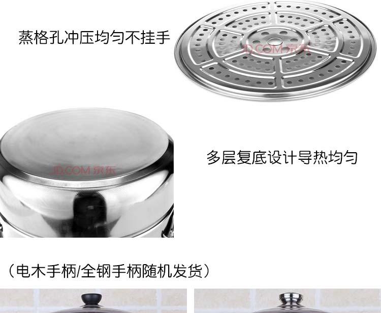 劳特斯（LAOTESI）不锈钢复底高格 组合盖电木耳/全钢耳 三层蒸锅26cm